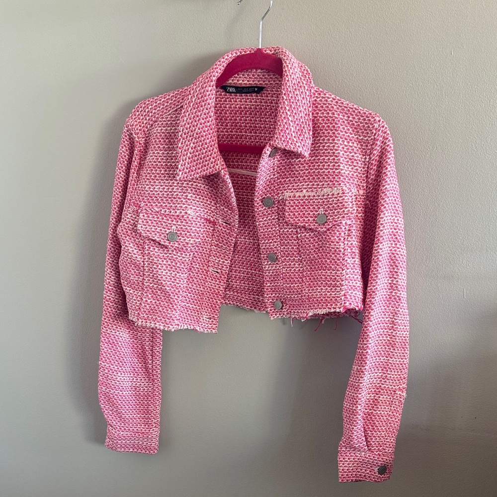 Zara Pink Tweed Cropped Jacket Size S
